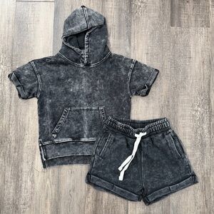 Little Bipsy Acid Washed Black Hooded Short Sleeve Top and Shorts Set